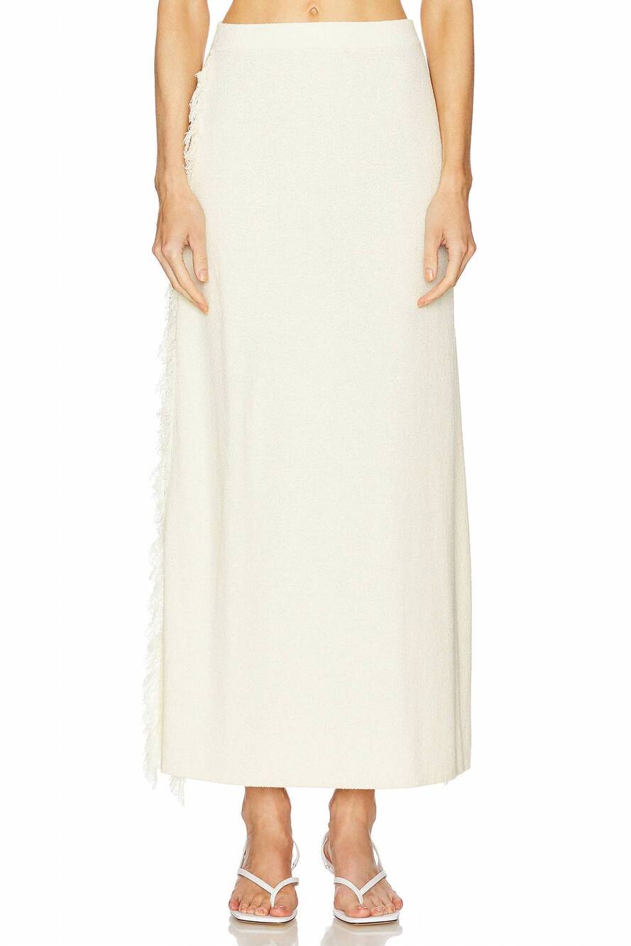 NEW CLEA canton fringe knit skirt in stucco